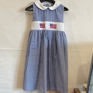 Beth TerellBlue& White Gingham Smocked Kids Dress with embroidered flags size 4